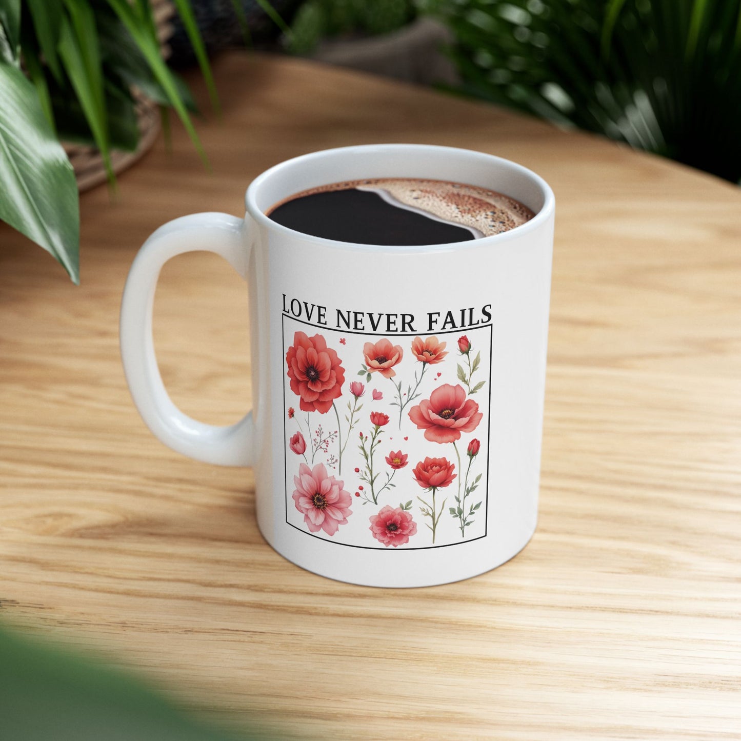 Christian Coffee Mug, Love Never Fails Mug, Ceramic Mug (11oz, 15oz) Faith Gift, Inspirational Tea Cup, Bible Verse Mug