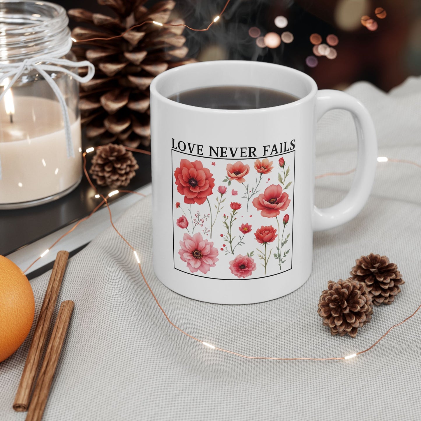 Christian Coffee Mug, Love Never Fails Mug, Ceramic Mug (11oz, 15oz) Faith Gift, Inspirational Tea Cup, Bible Verse Mug