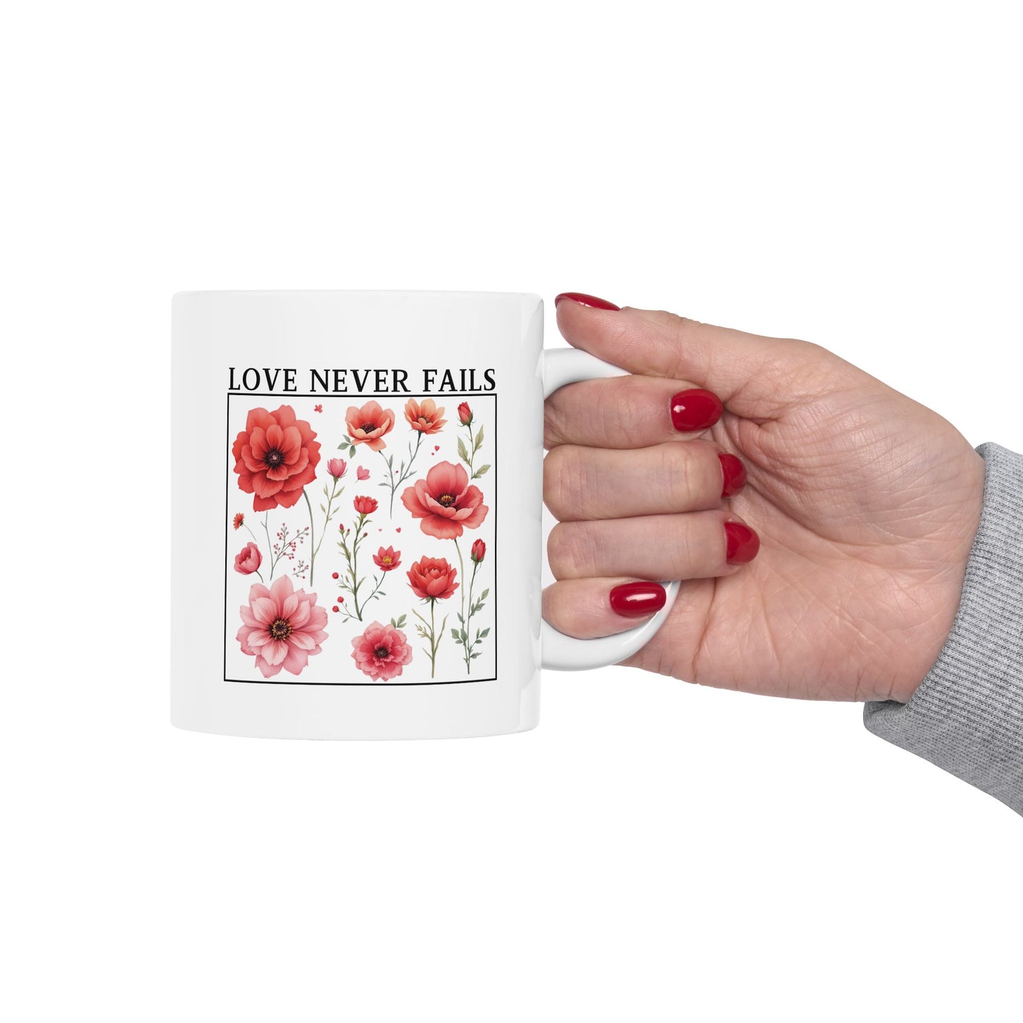 Christian Coffee Mug, Love Never Fails Mug, Ceramic Mug (11oz, 15oz) Faith Gift, Inspirational Tea Cup, Bible Verse Mug