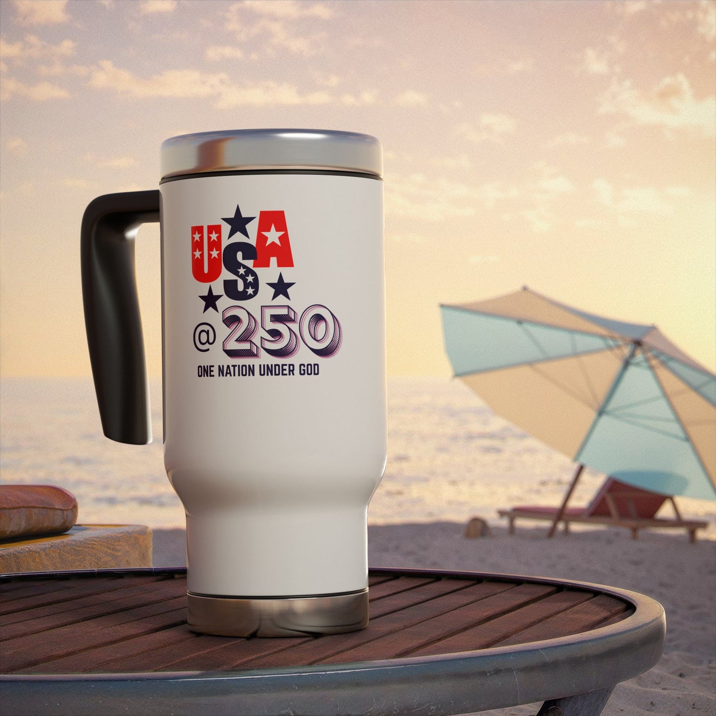 USA at 250 Travel Mug with Handle| 14oz Travel Tumbler| Christian Patriotic Mug