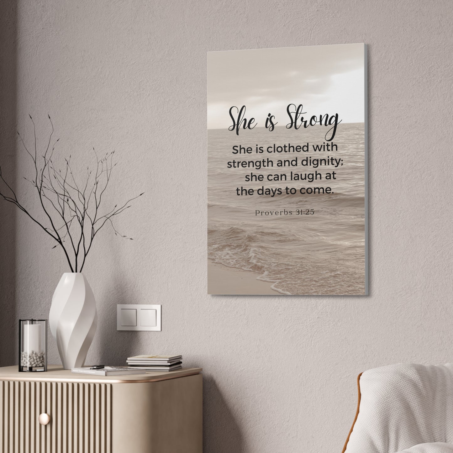 She Is Strong Christian Faith Wall Art Decor Canvas Scripture Art Prints and Bible Verse Art Canvas Stretched in 1.5''