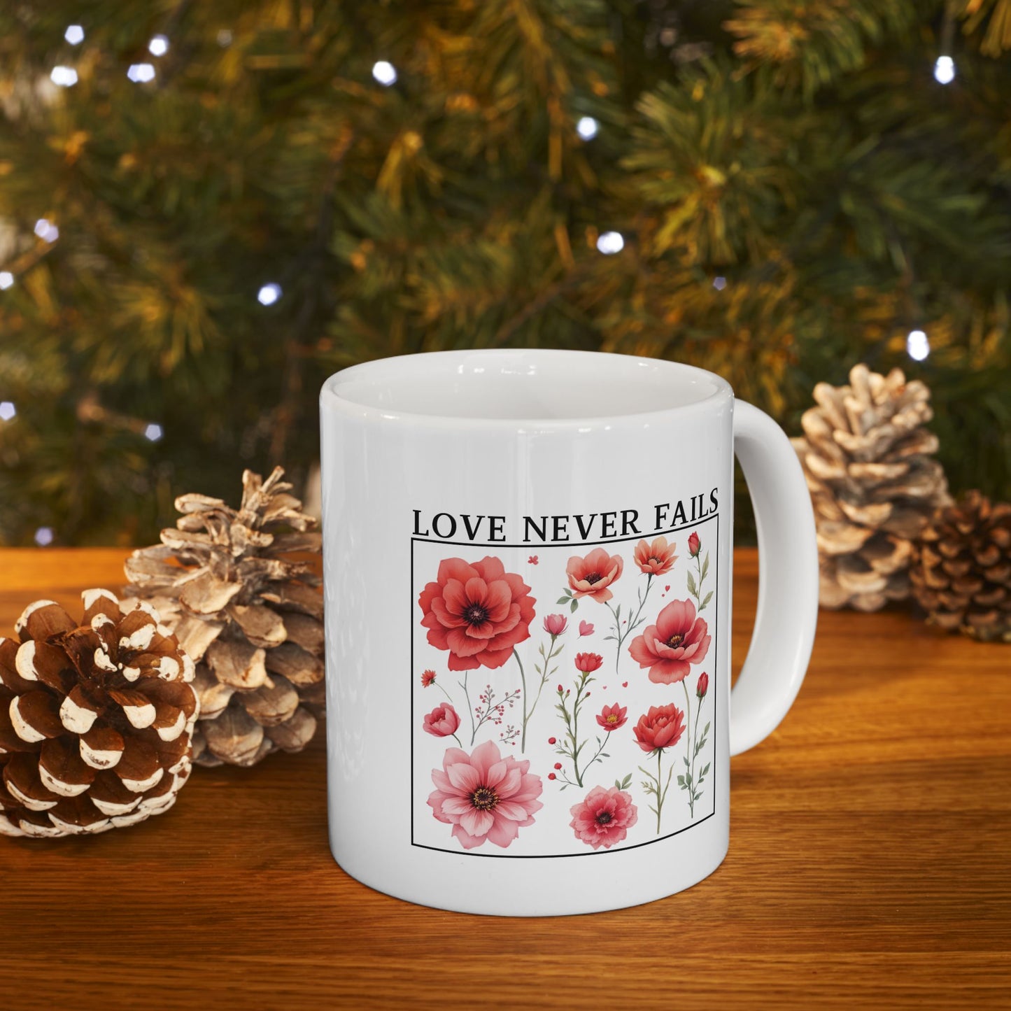 Christian Coffee Mug, Love Never Fails Mug, Ceramic Mug (11oz, 15oz) Faith Gift, Inspirational Tea Cup, Bible Verse Mug
