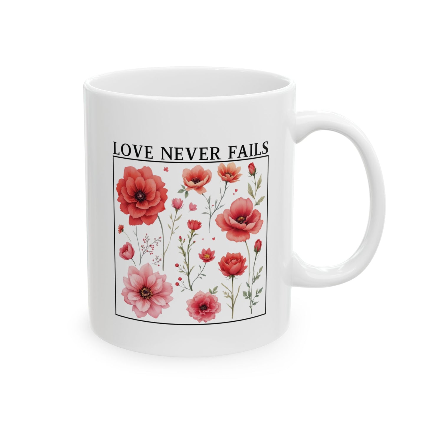 Christian Coffee Mug, Love Never Fails Mug, Ceramic Mug (11oz, 15oz) Faith Gift, Inspirational Tea Cup, Bible Verse Mug