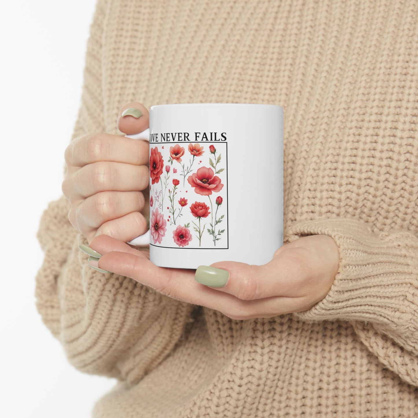 Christian Coffee Mug, Love Never Fails Mug, Ceramic Mug (11oz, 15oz) Faith Gift, Inspirational Tea Cup, Bible Verse Mug