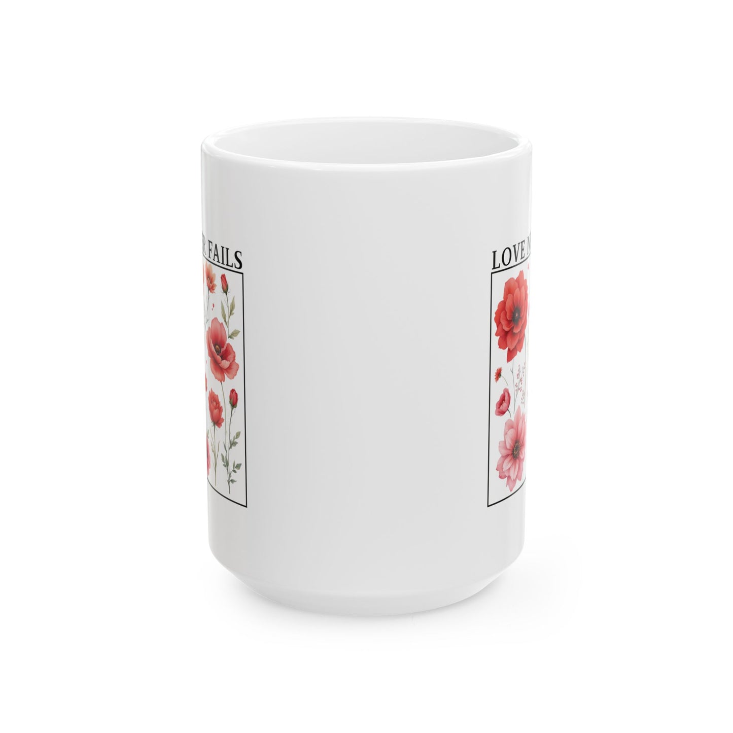 Christian Coffee Mug, Love Never Fails Mug, Ceramic Mug (11oz, 15oz) Faith Gift, Inspirational Tea Cup, Bible Verse Mug