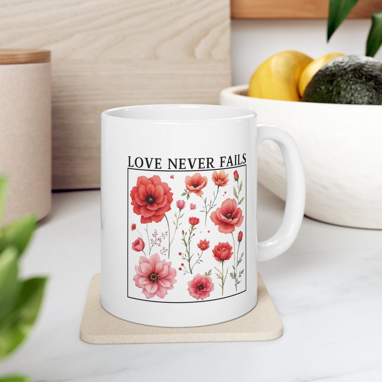 Christian Coffee Mug, Love Never Fails Mug, Ceramic Mug (11oz, 15oz) Faith Gift, Inspirational Tea Cup, Bible Verse Mug