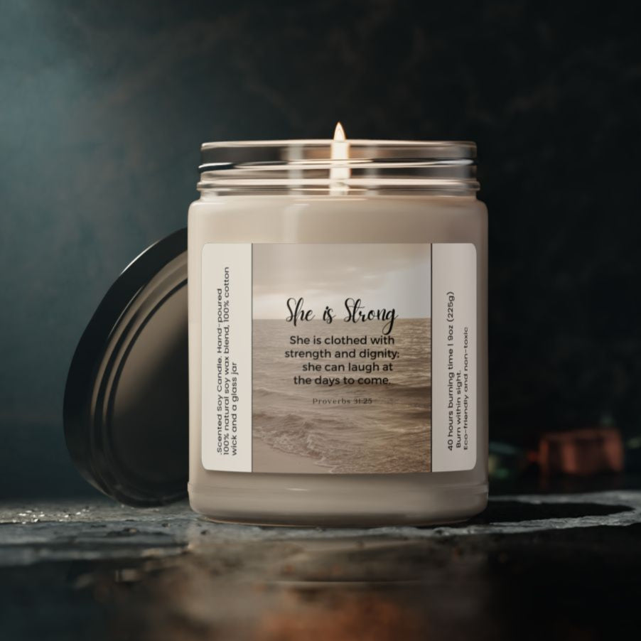She is Strong Candle Christian Bible Verse Candle with Inspirational Message Religious Spiritual Gifts for Women 9 oz Scented Soy Candles