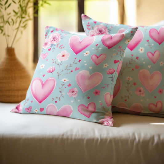 Pink and Blue Love Heart Throw Pillow, Valentine's Day Cushion