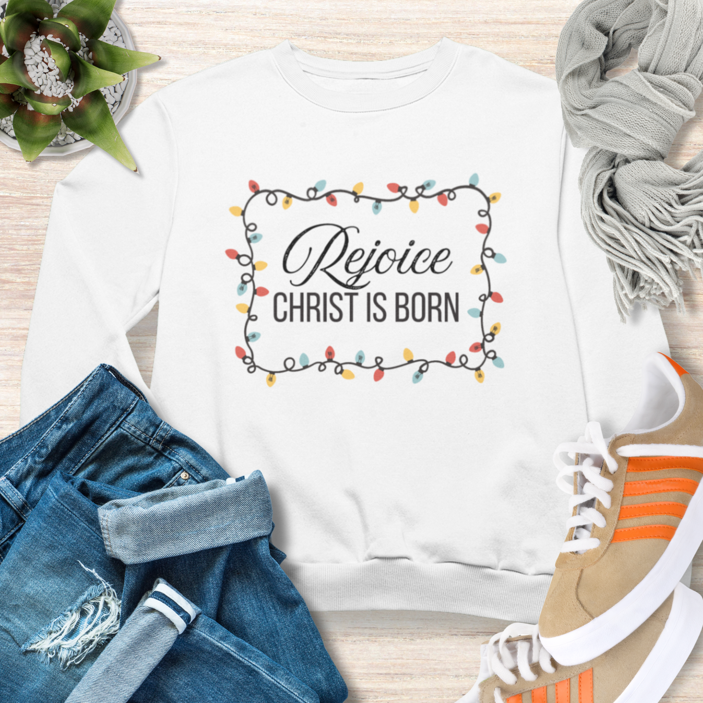 Rejoice Christ Born Christian Christmas Sweatshirt