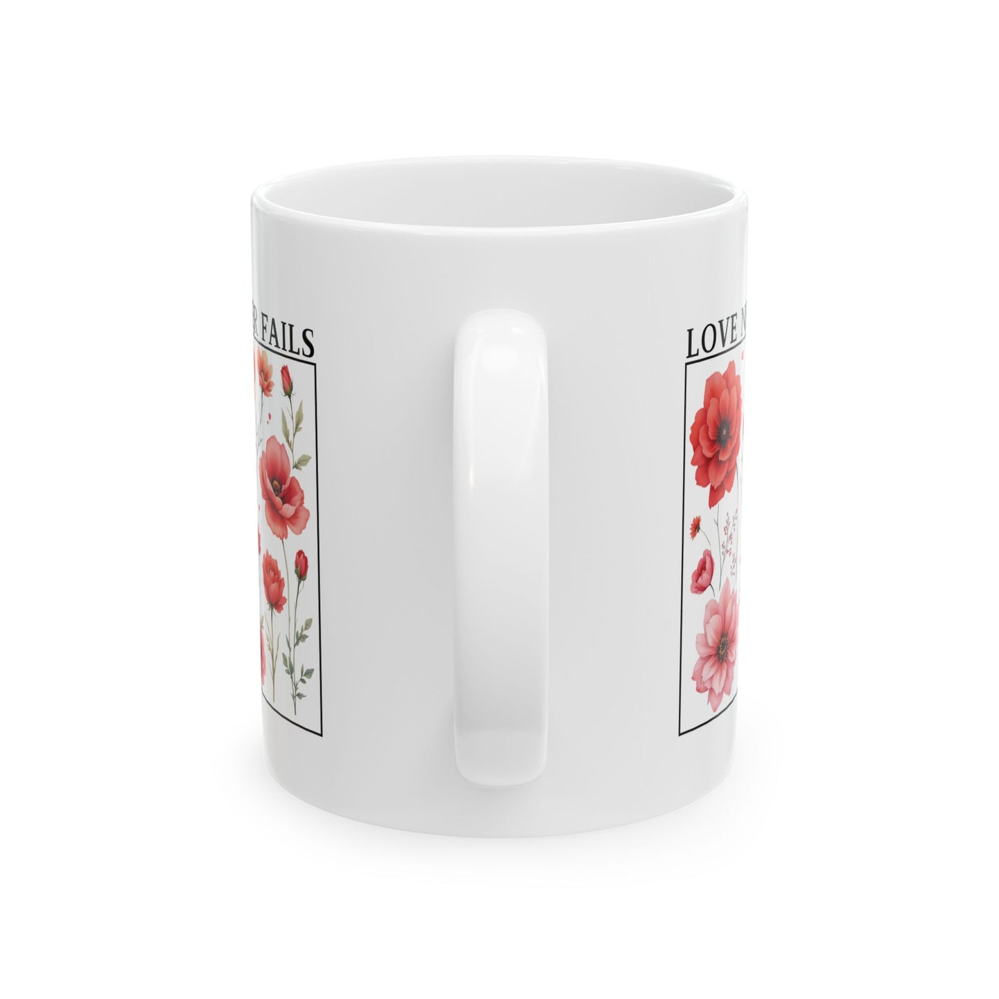 Christian Coffee Mug, Love Never Fails Mug, Ceramic Mug (11oz, 15oz) Faith Gift, Inspirational Tea Cup, Bible Verse Mug