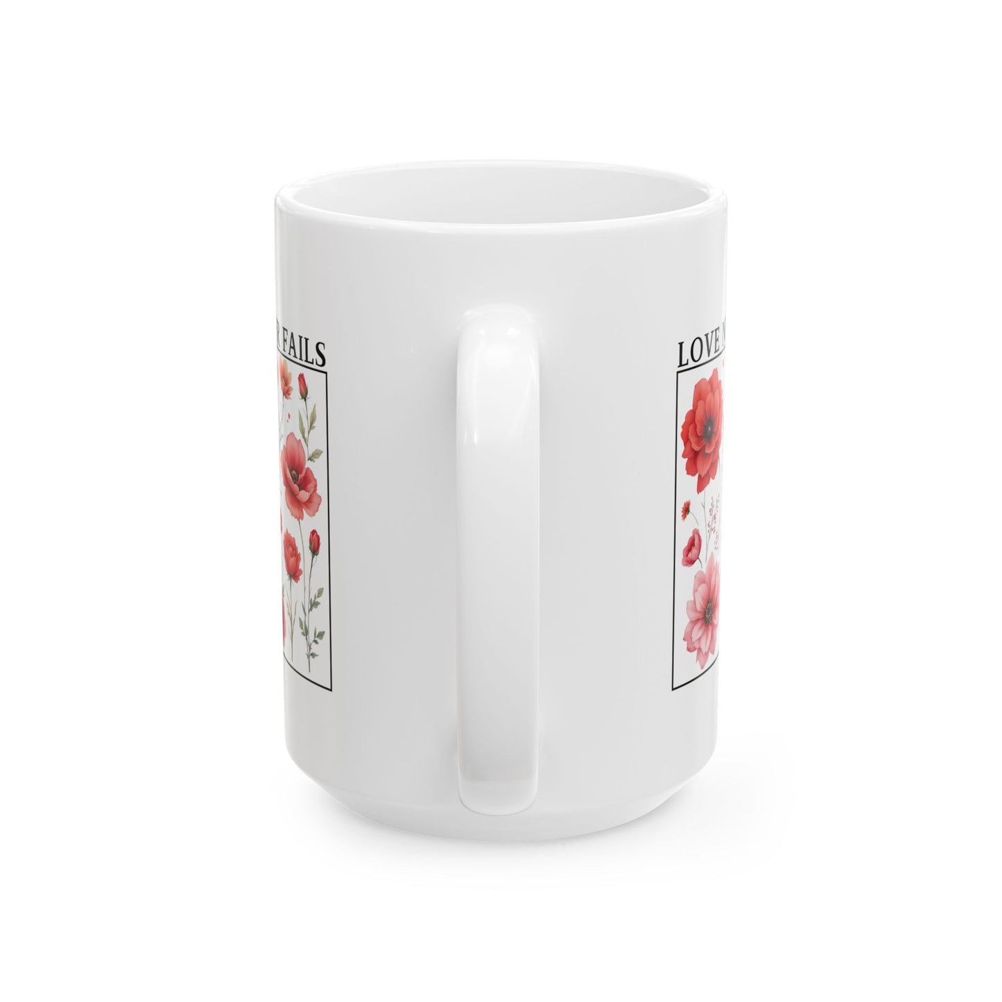 Christian Coffee Mug, Love Never Fails Mug, Ceramic Mug (11oz, 15oz) Faith Gift, Inspirational Tea Cup, Bible Verse Mug