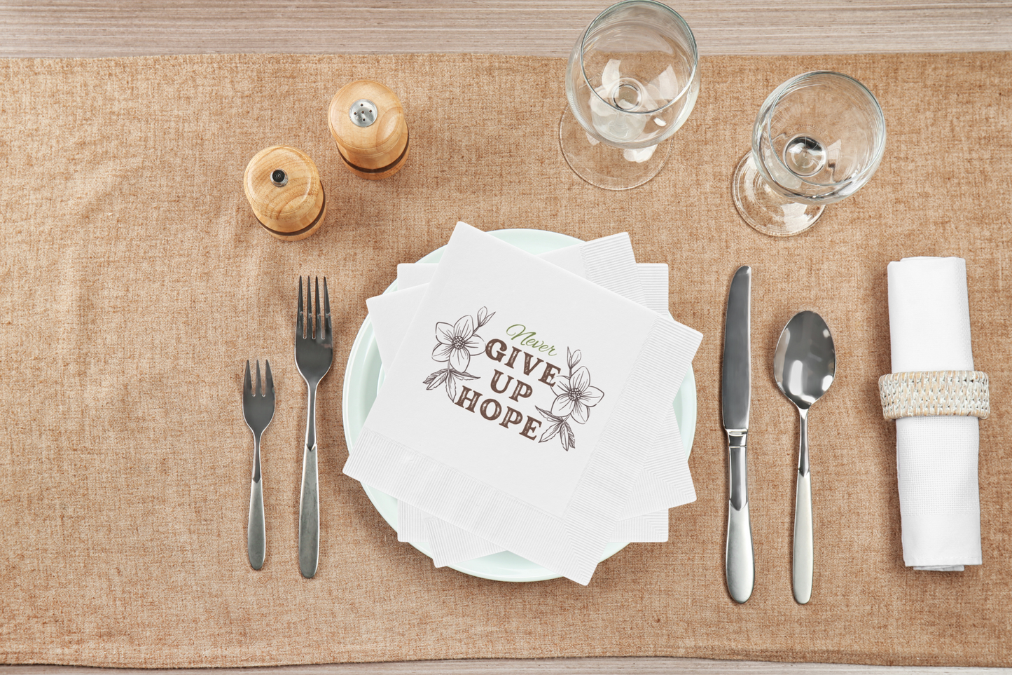 Christian Napkins featuring Never Give Up Hope Inspirational Message White Coined Family Napkins