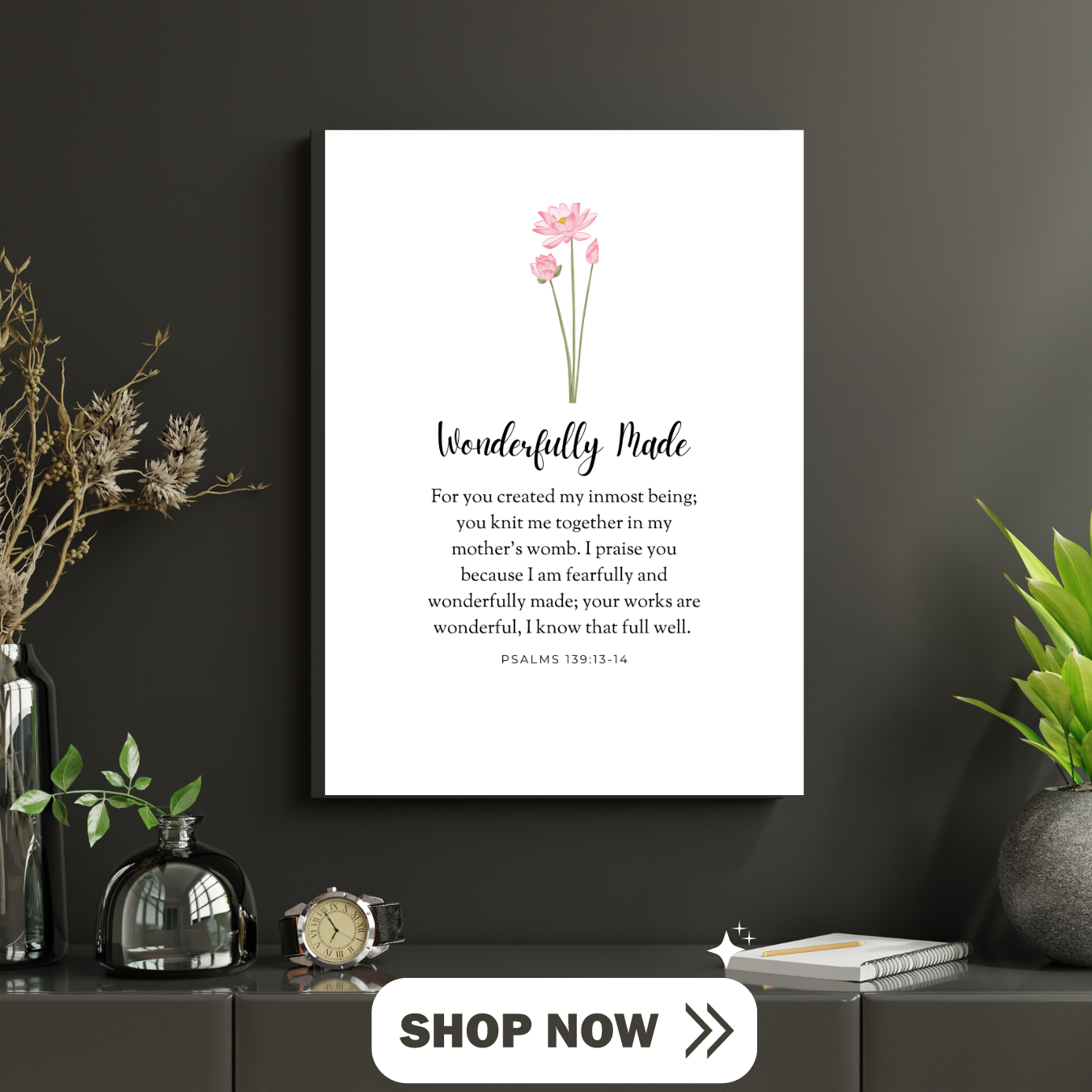 Wonderfully Made Christian Wall Art Decor with Scripture Art Prints and Inspirational Wall Art for A Christian Home Canvas Stretched, 1.5''