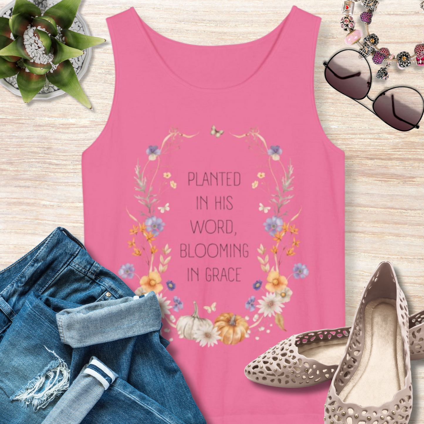 Planted in His Word Blooming in Grace Christian Tank Top