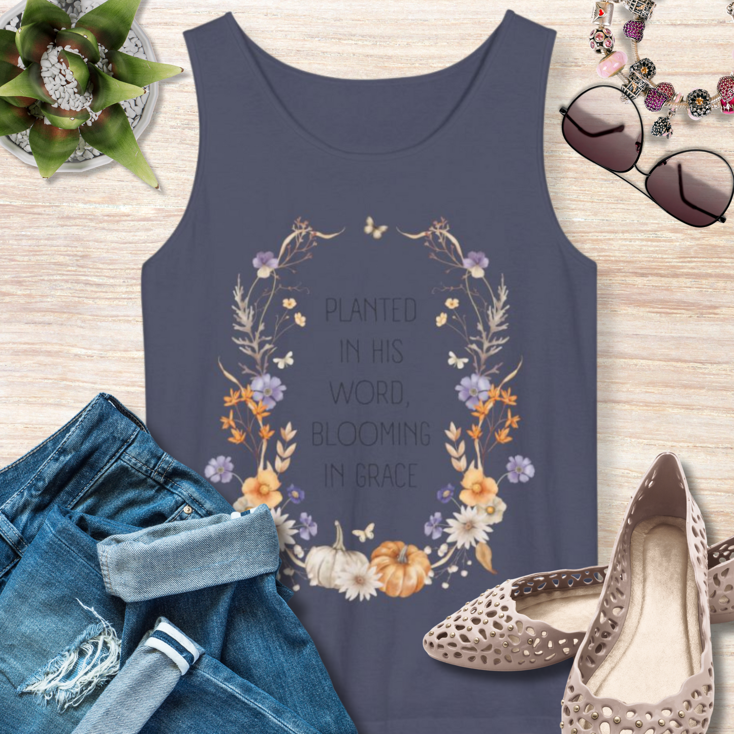 Planted in His Word Blooming in Grace Christian Tank Top