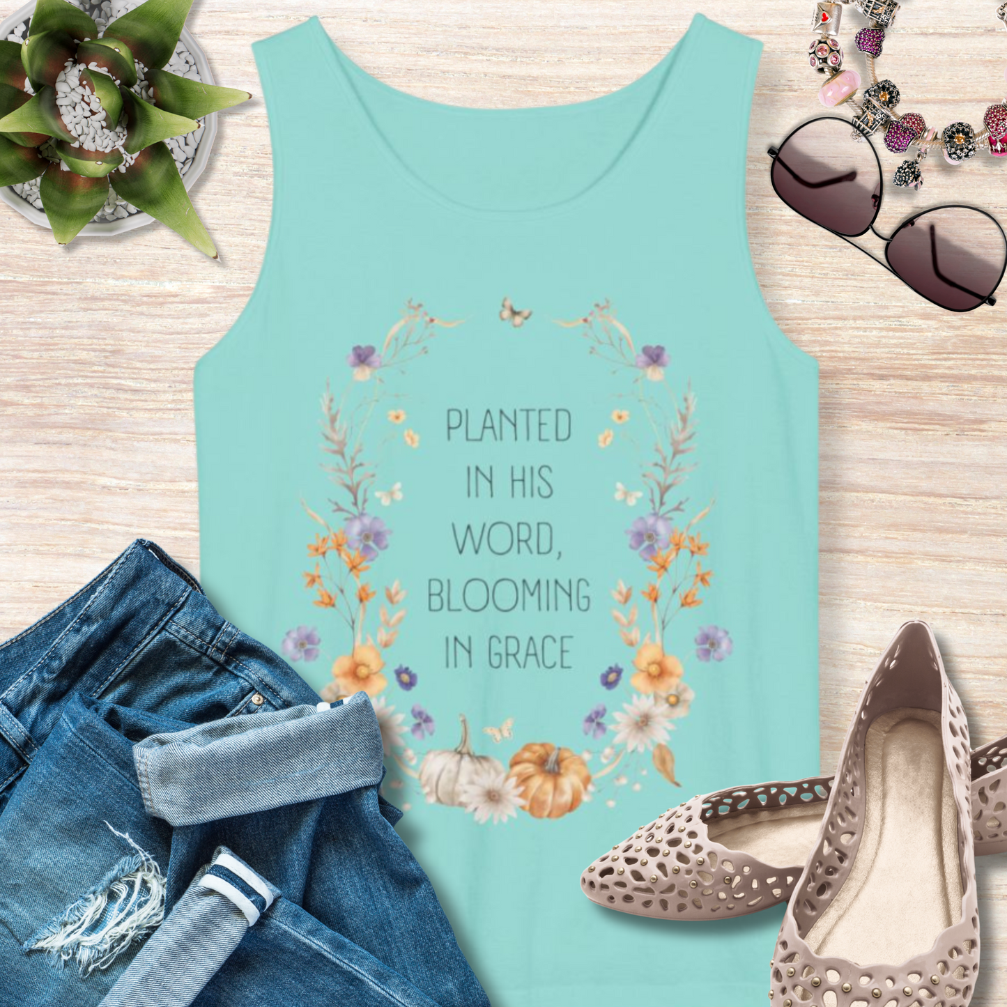 Planted in His Word Blooming in Grace Christian Tank Top