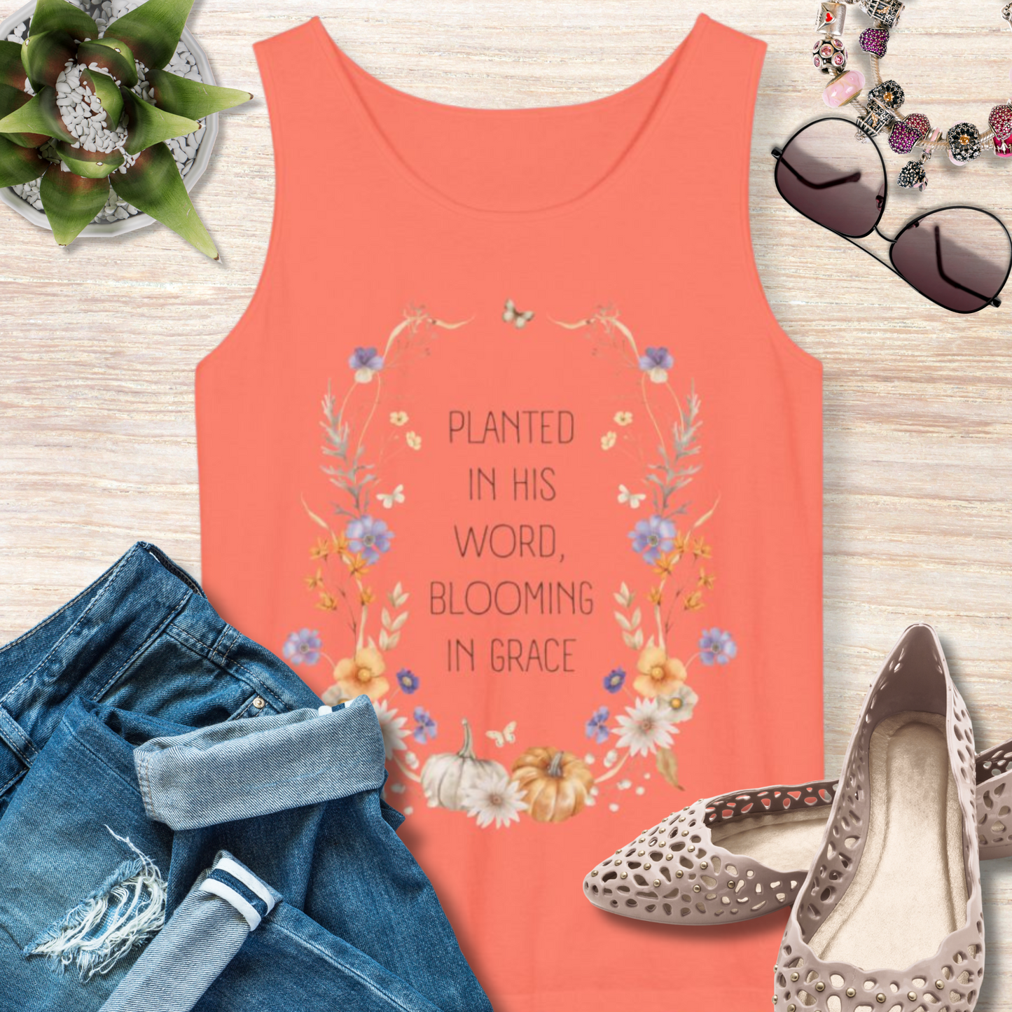 Planted in His Word Blooming in Grace Christian Tank Top