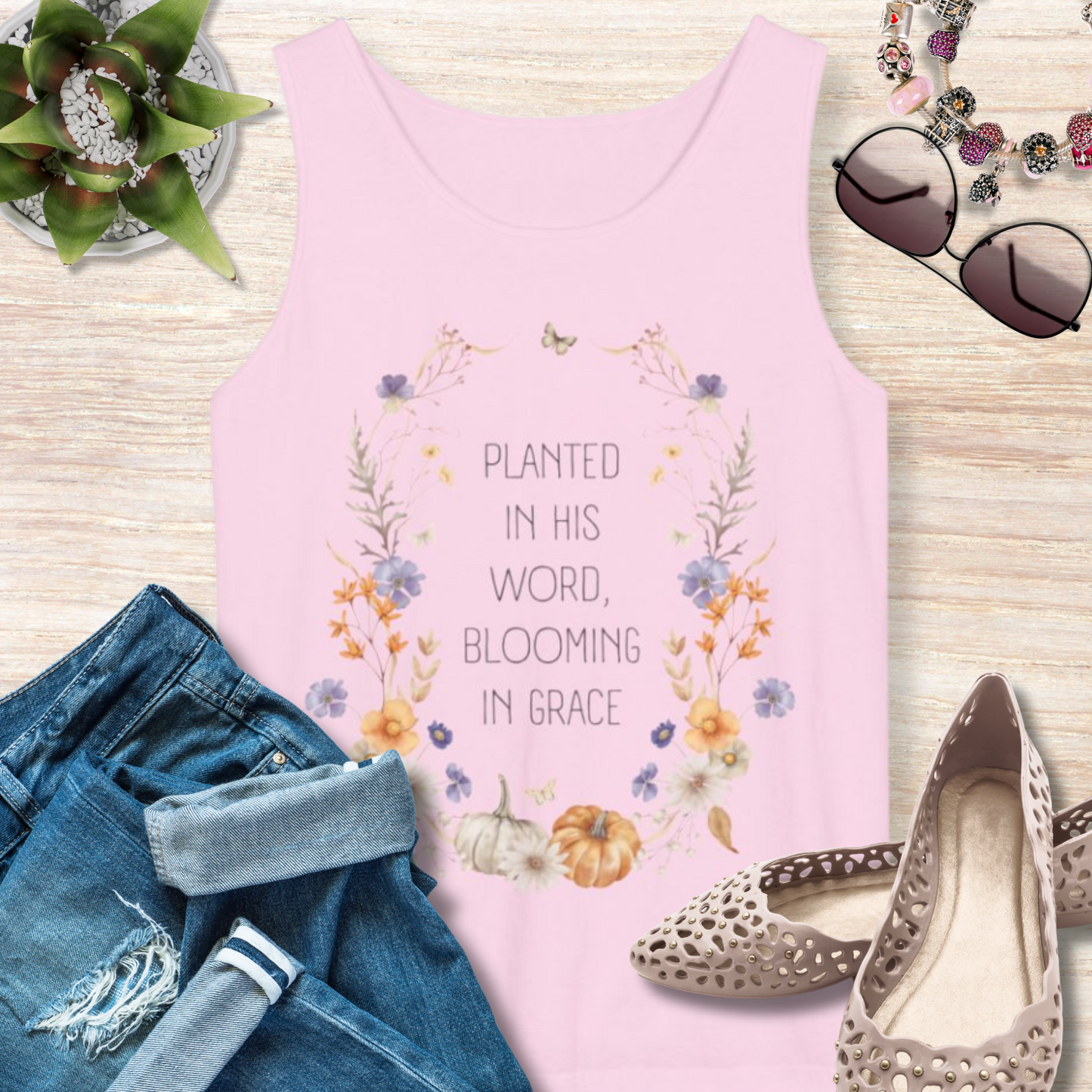 Planted in His Word Blooming in Grace Christian Tank Top