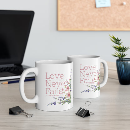 Love Never Fails Christian Coffee Mug