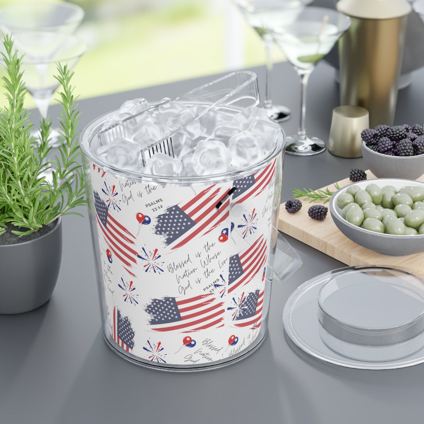 American Flag Ice Bucket with Tongs with Christian Scripture Storage Bin for Ice Cubes to Keep Ice Frozen for Parties and Events Ice Bucket with Tongs and Lid