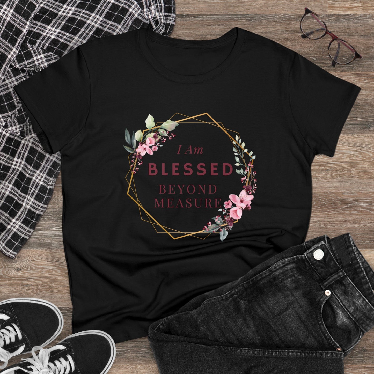 Blessed Beyond Measure Women's Midweight Cotton Tee for Christian Mom Tshirt with Bible Verse Midweight Tshirt Gifts for Christian Moms