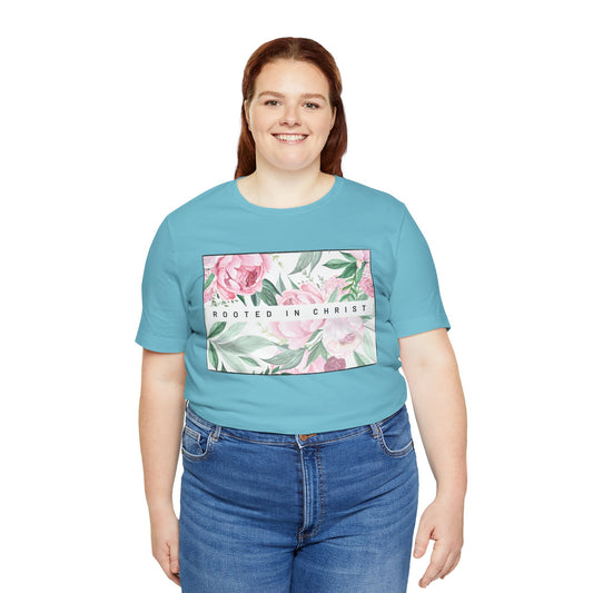 Rooted in Christ Jesus-inspired Christian T-Shirt with Flower Graphics and Godly Expressions Ideal Christian Gift Ideas for Women