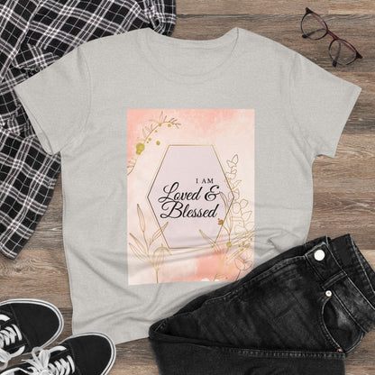 Loved and Blessed Women's Midweight Cotton Tee for Christian Mom Tshirt with Bible Verse Midweight Tshirt Gifts for Christian Moms