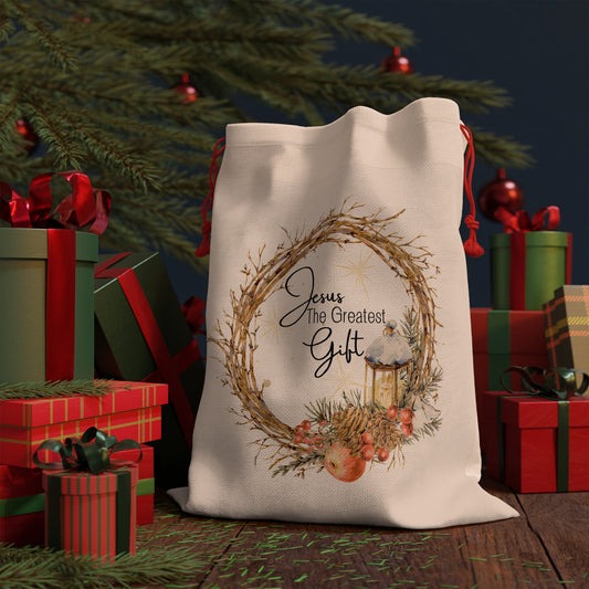 Christian Christmas Gift Bag, Jesus the Greatest Gift, Religious Wrapping Bag, Christmas Drawstring Bag, Christmas Gift Bag