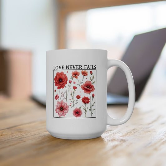 Christian Coffee Mug, Love Never Fails Mug, Ceramic Mug (11oz, 15oz) Faith Gift, Inspirational Tea Cup, Bible Verse Mug