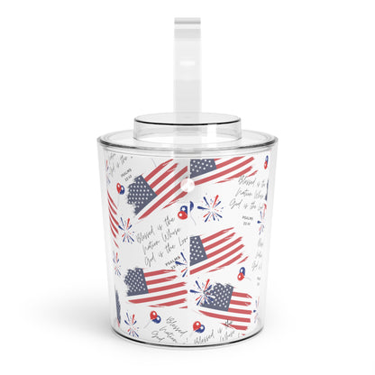 American Flag Ice Bucket with Tongs with Christian Scripture Storage Bin for Ice Cubes to Keep Ice Frozen for Parties and Events Ice Bucket with Tongs and Lid