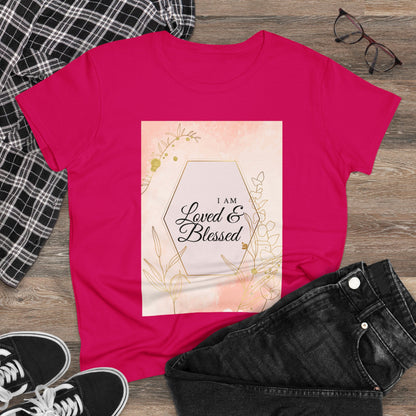 Loved and Blessed Women's Midweight Cotton Tee for Christian Mom Tshirt with Bible Verse Midweight Tshirt Gifts for Christian Moms