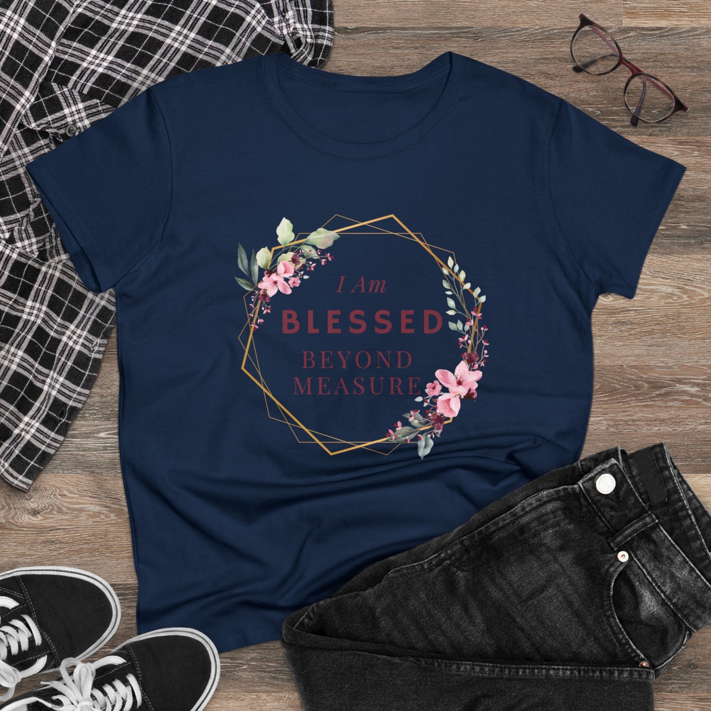 Blessed Beyond Measure Women's Midweight Cotton Tee for Christian Mom Tshirt with Bible Verse Midweight Tshirt Gifts for Christian Moms