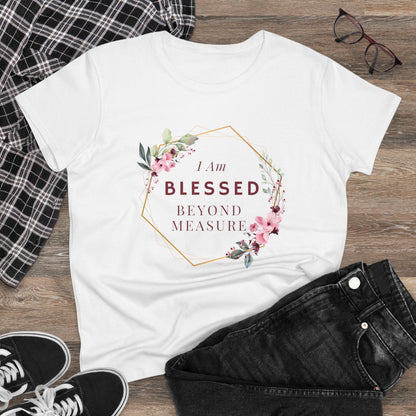 Blessed Beyond Measure Women's Midweight Cotton Tee for Christian Mom Tshirt with Bible Verse Midweight Tshirt Gifts for Christian Moms