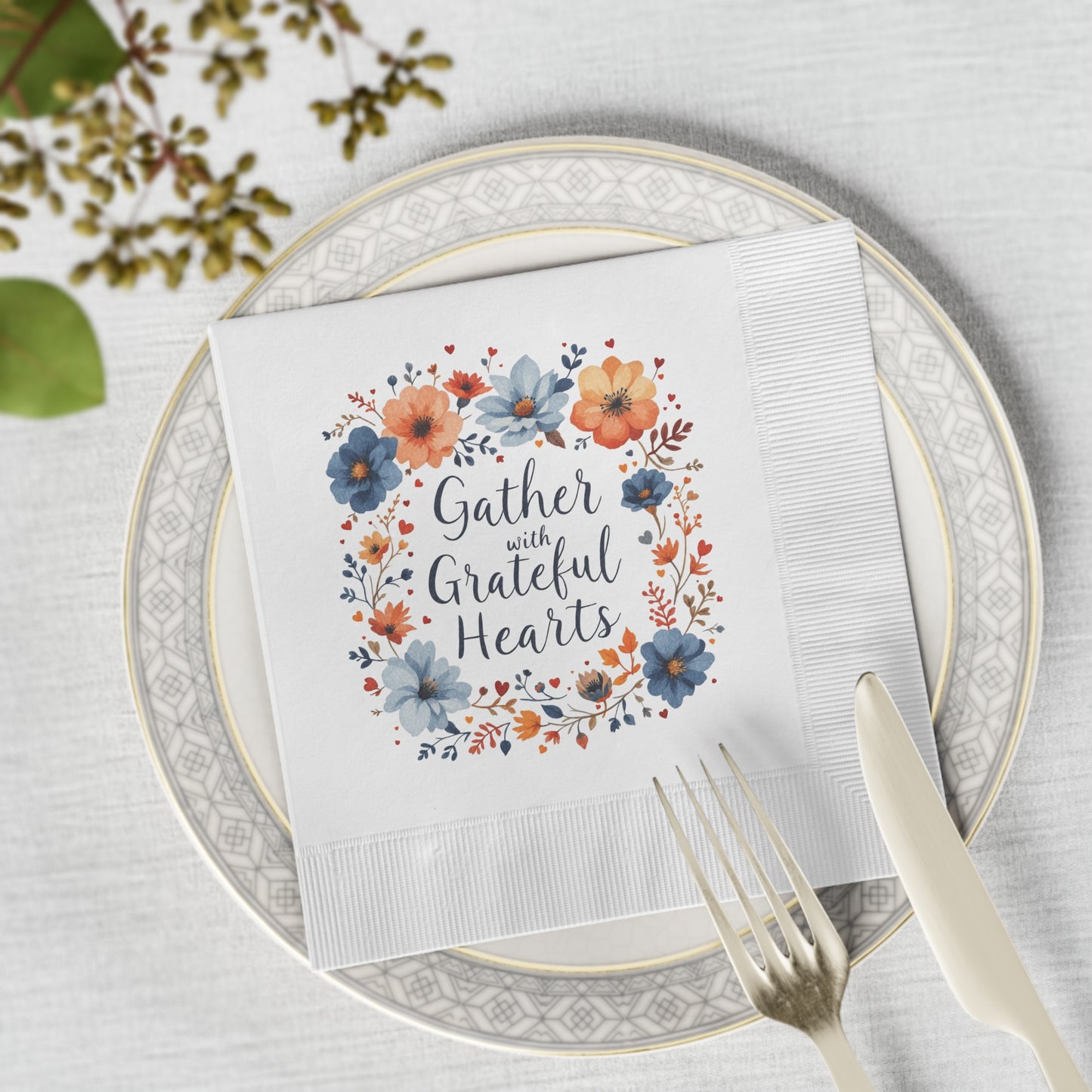 Gather with Grateful Hearts Napkins, Thanksgiving Napkins, Christian Napkins, White Coined Family Napkins