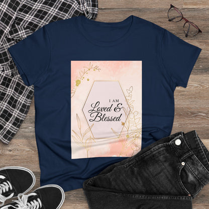 Loved and Blessed Women's Midweight Cotton Tee for Christian Mom Tshirt with Bible Verse Midweight Tshirt Gifts for Christian Moms