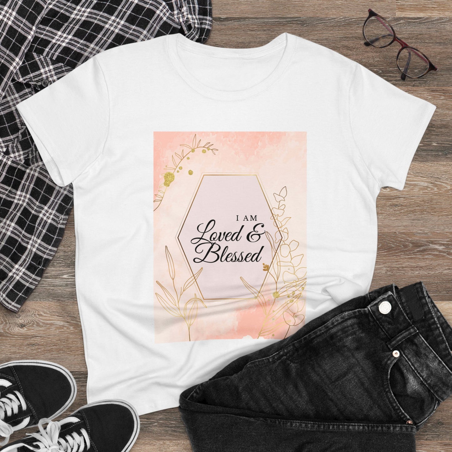 Loved and Blessed Women's Midweight Cotton Tee for Christian Mom Tshirt with Bible Verse Midweight Tshirt Gifts for Christian Moms