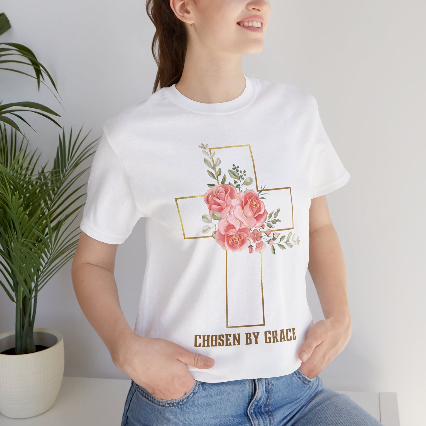 Chosen by Grace Inspirational Christian T-Shirt with Bible Verse and Cross Design Ideal Christian Gift Ideas for Women