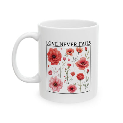 Christian Coffee Mug, Love Never Fails Mug, Ceramic Mug (11oz, 15oz) Faith Gift, Inspirational Tea Cup, Bible Verse Mug