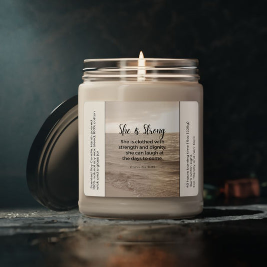 She is Strong Candle Christian Bible Verse Candle with Inspirational Message Religious Spiritual Gifts for Women 9 oz Scented Soy Candles