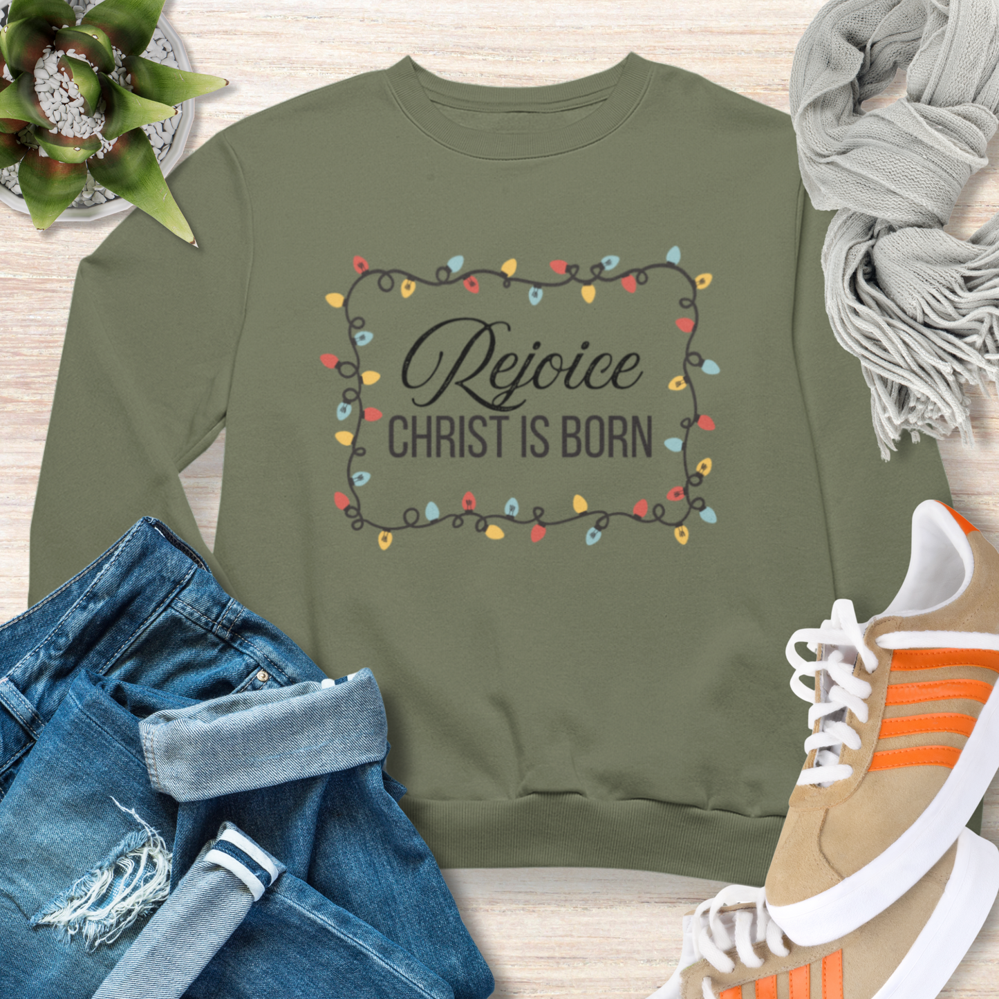 Rejoice Christ Born Christian Christmas Sweatshirt