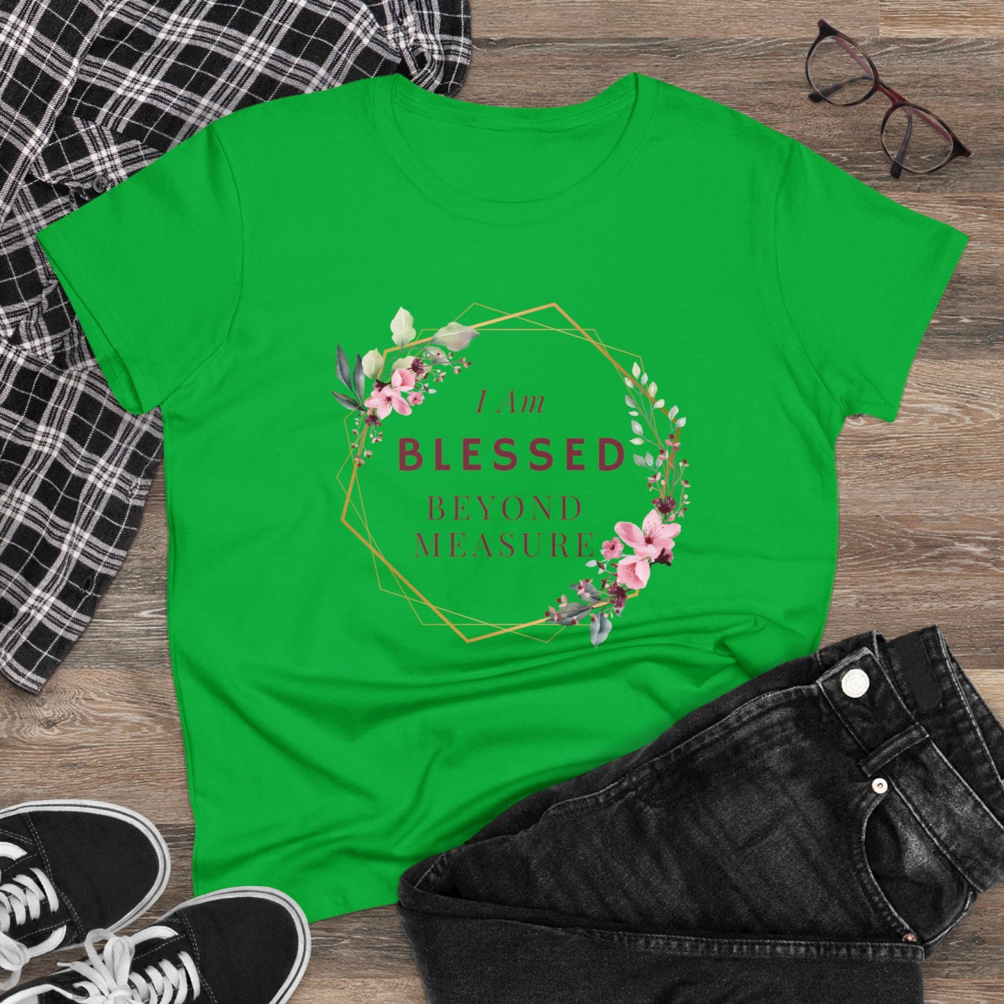 Blessed Beyond Measure Women's Midweight Cotton Tee for Christian Mom Tshirt with Bible Verse Midweight Tshirt Gifts for Christian Moms