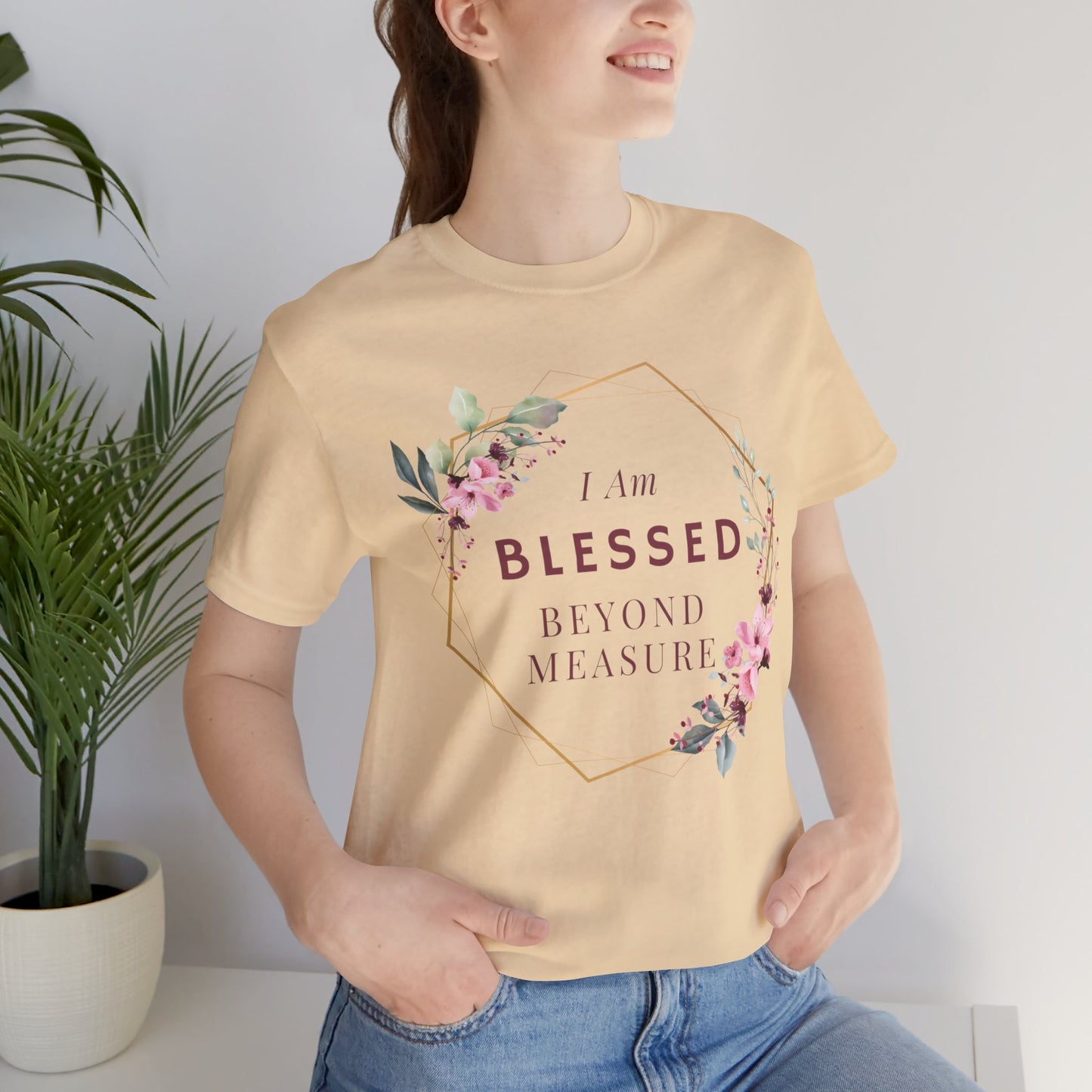 I am Blessed Beyond Measure Faith Inspired Christian T Shirt with Flower Graphics Ideal Christian Gift Ideas for Women.