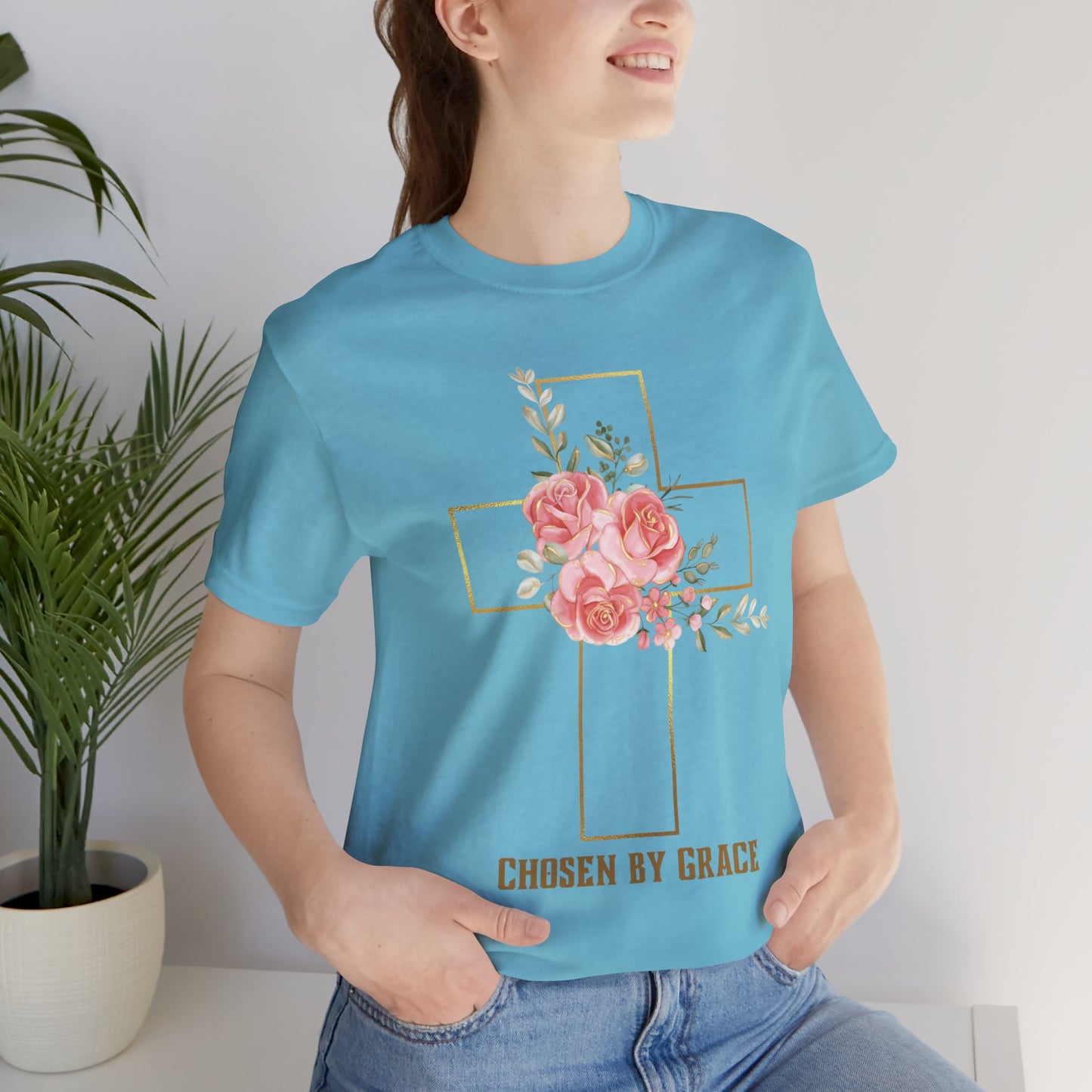 Chosen by Grace Inspirational Christian T-Shirt with Bible Verse and Cross Design Ideal Christian Gift Ideas for Women