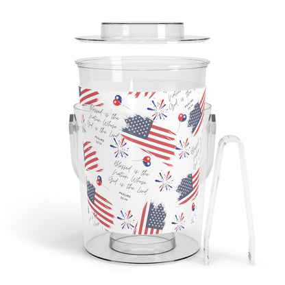 American Flag Ice Bucket with Tongs with Christian Scripture Storage Bin for Ice Cubes to Keep Ice Frozen for Parties and Events Ice Bucket with Tongs and Lid