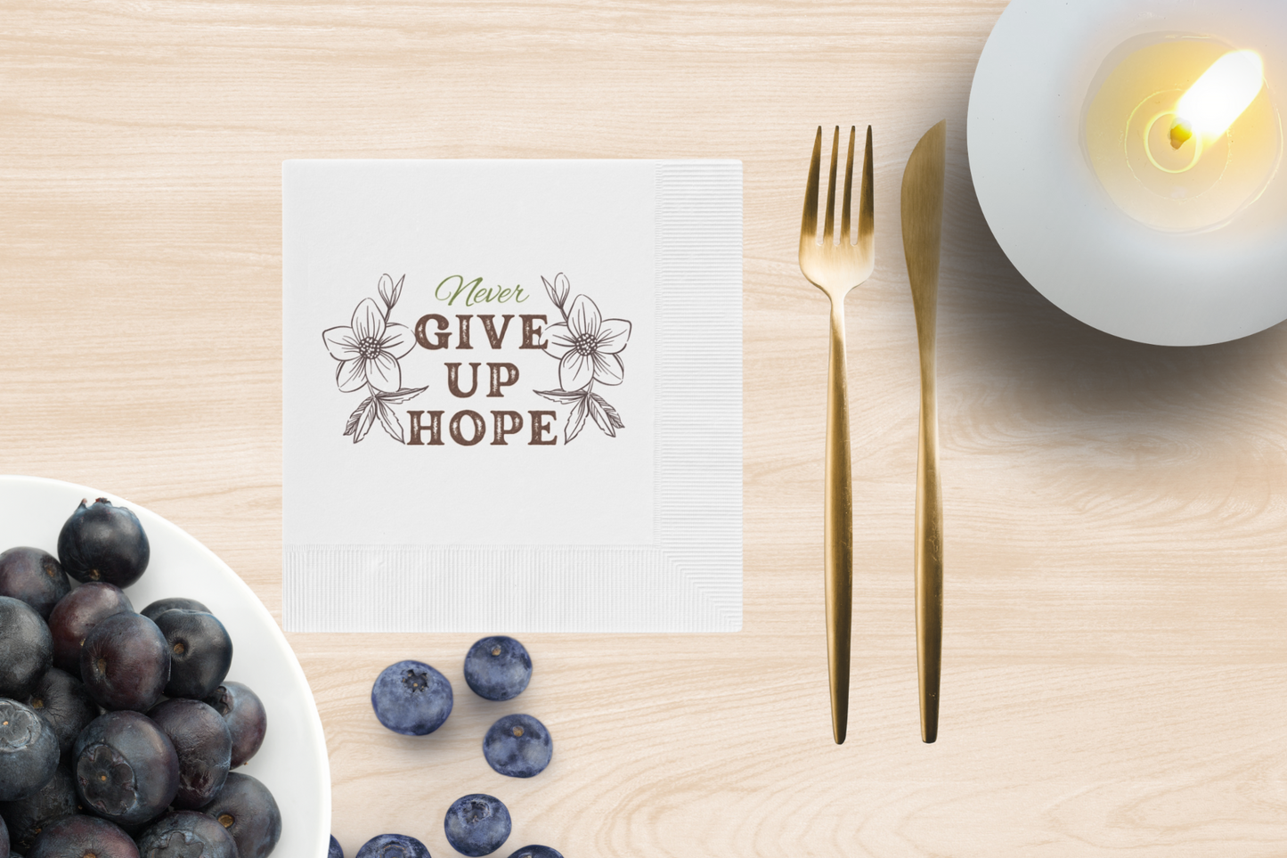 Christian Napkins featuring Never Give Up Hope Inspirational Message White Coined Family Napkins