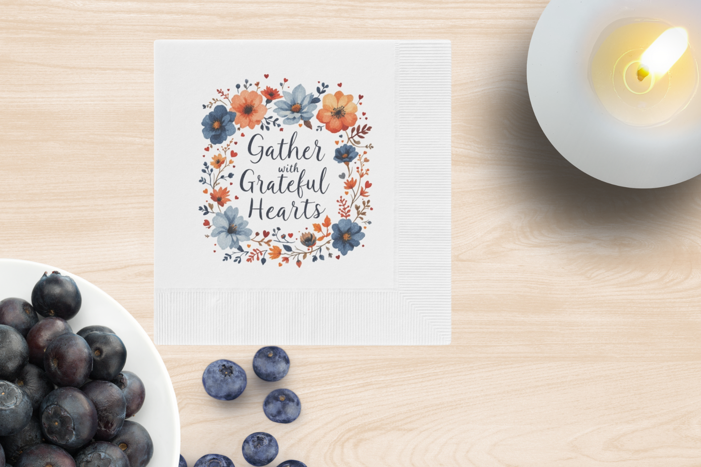 Gather with Grateful Hearts Napkins, Thanksgiving Napkins, Christian Napkins, White Coined Family Napkins