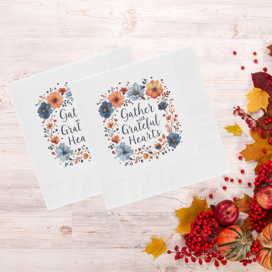 Gather with Grateful Hearts Napkins, Thanksgiving Napkins, Christian Napkins, White Coined Family Napkins