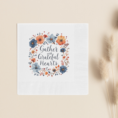 Gather with Grateful Hearts Napkins, Thanksgiving Napkins, Christian Napkins, White Coined Family Napkins