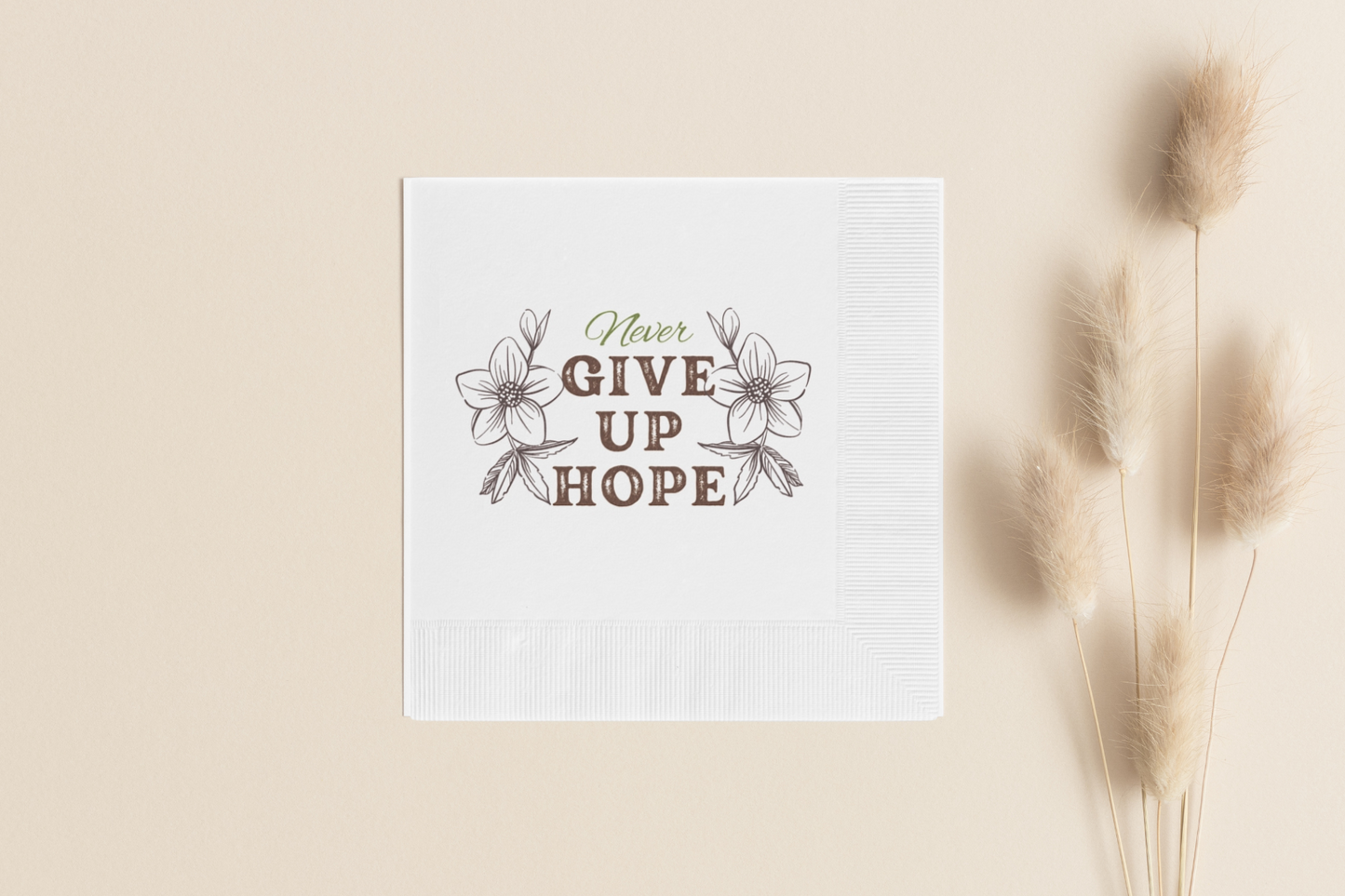 Christian Napkins featuring Never Give Up Hope Inspirational Message White Coined Family Napkins