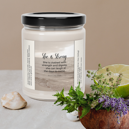 She is Strong Candle Christian Bible Verse Candle with Inspirational Message Religious Spiritual Gifts for Women 9 oz Scented Soy Candles